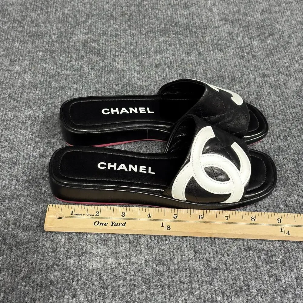 Chanel Cambon Slide Sandals Womens 5.5 Black Leather Quilted Logo Flat Shoe Pink